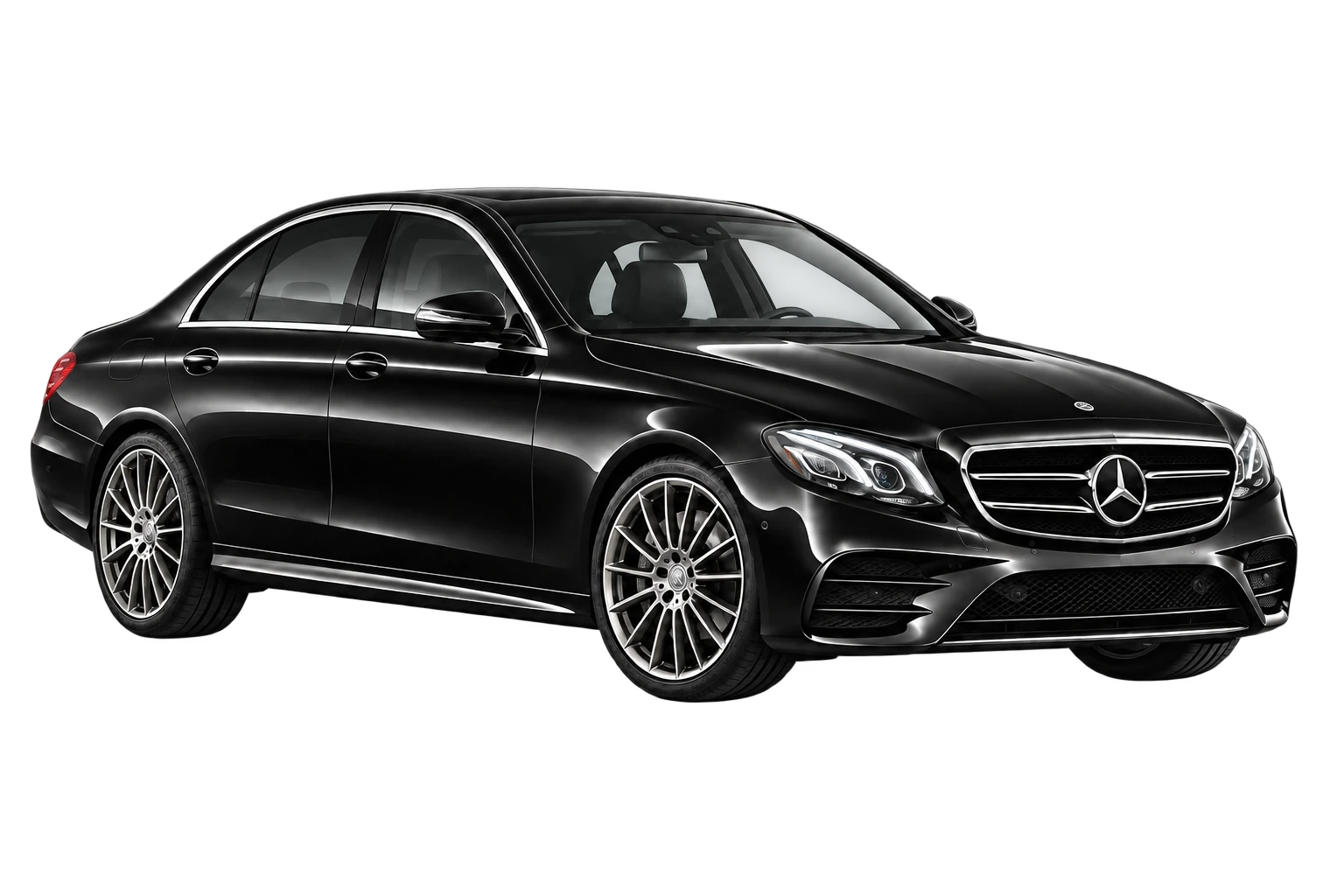 Illustration détourée d’une Mercedes Classe E noire, vue de trois quarts