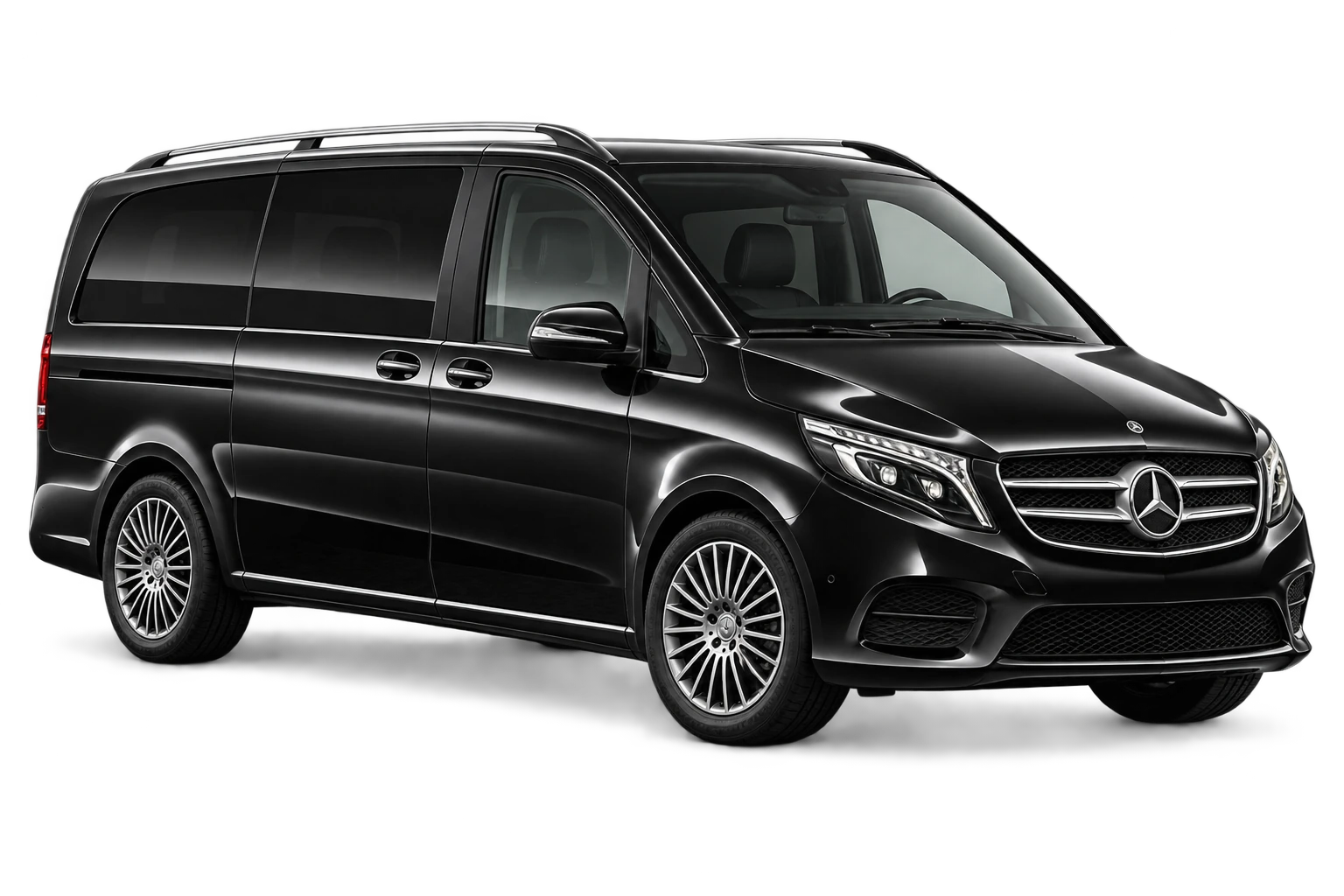 Illustration détourée d’une Mercedes Classe V noire, vue de trois quarts